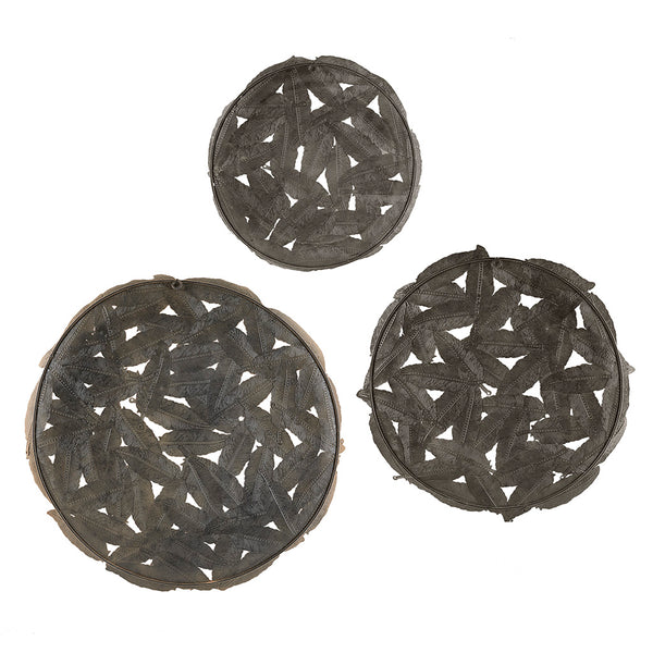 English Elm Textured Feather 3-Piece Metal Disc Wall Art Set — Neutral Spice & Rust Iron Finish, Feather Cutouts for Easy Hanging and Layered Decor B03598812