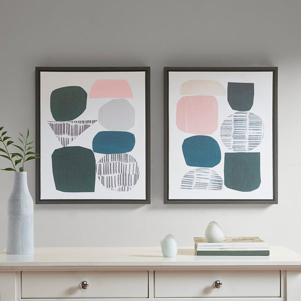 English Elm Grey Grey Rock Garden Gel Coat Framed Canvas 2 Piece Set — Modern Abstract Geometric Wall Art with Glossy Protective Finish B035100374