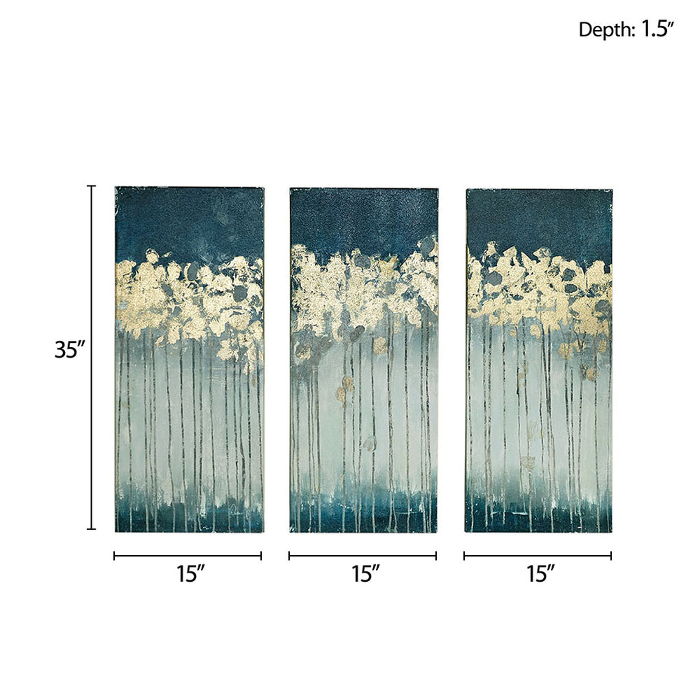 English Elm Gold Gold Foil Abstract 3-Piece Canvas Wall Art Set – Dewy Forest Teal & Blue with Metallic Glam Finish B03598816