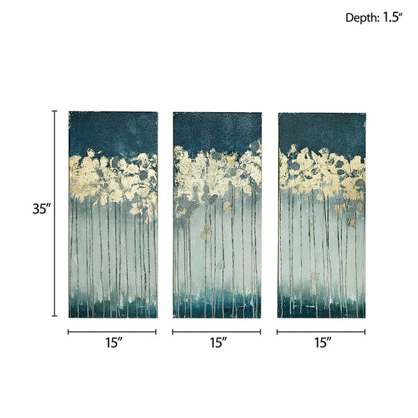 English Elm Gold Gold Foil Abstract 3-Piece Canvas Wall Art Set – Dewy Forest Teal & Blue with Metallic Glam Finish B03598816