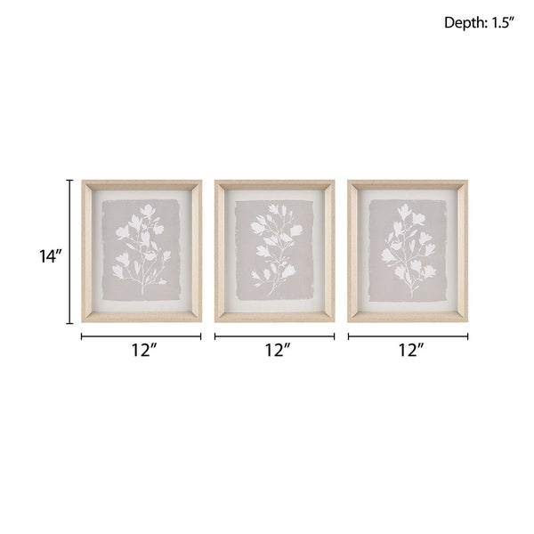 English Elm 3-piece Framed Glass Wall Art Set Madison Park Fair Florets Botanical White Flower Prints, Natural Wood Frame, 12x14 Each, Gallery-Style Decor B03598886