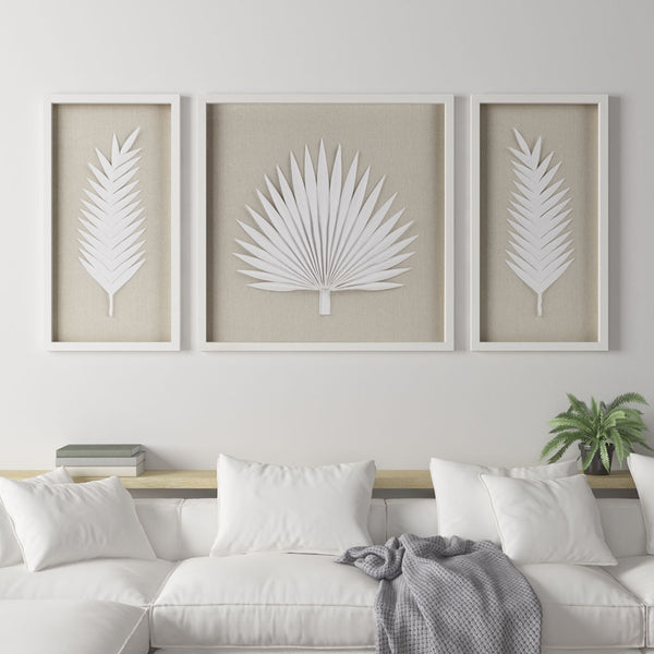 English Elm Framed Madison Park Sabal Rice Paper Palm Leaves 3-Piece Shadowbox Set – Coastal Linen Gallery Decor B03598810