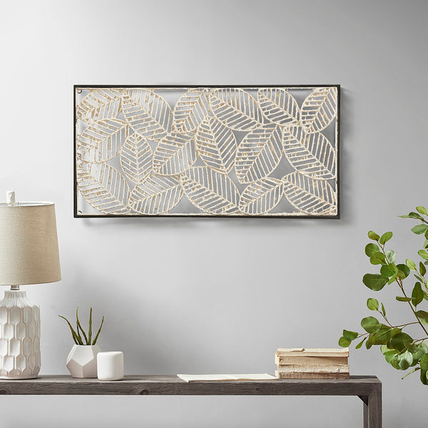 English Elm Metal Framed Decor Panel - Madison Park Paper Cloaked Leaves 32"x16" Botanical Wall Art, Textural Modern Accent for Living Room, Bedroom, Office B03598784