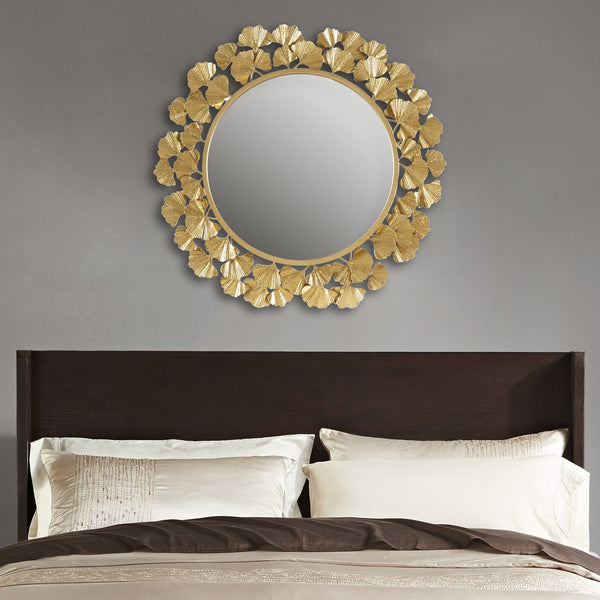 English Elm Gold Martha Stewart Eden Gingko Leaf Round Wall Mirror 30.5" Antique Gold Foil Frame, Luxurious Transitional Decor B03599408