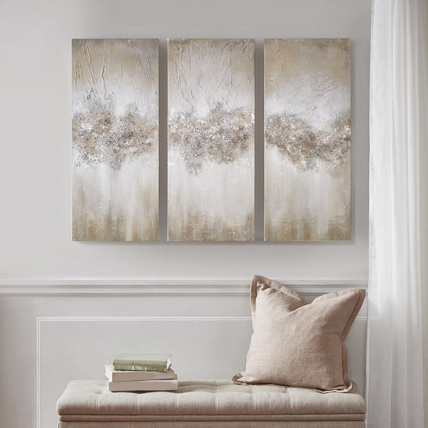 English Elm Heavily Embellished Madison Park 3-Piece Canvas Wall Art Set, Hand-Painted Taupe Ombre with Stone Texture B03598837