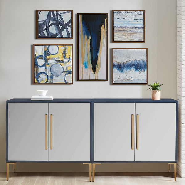 English Elm Abstract Blue Bliss 5-Piece Gallery Framed Canvas Wall Art Set by Blakely Bering - Modern Blue, Gray & Yellow Abstract Decor, Bronze Frame, Multi-Arrangeable, Gallery-Ready B03598825