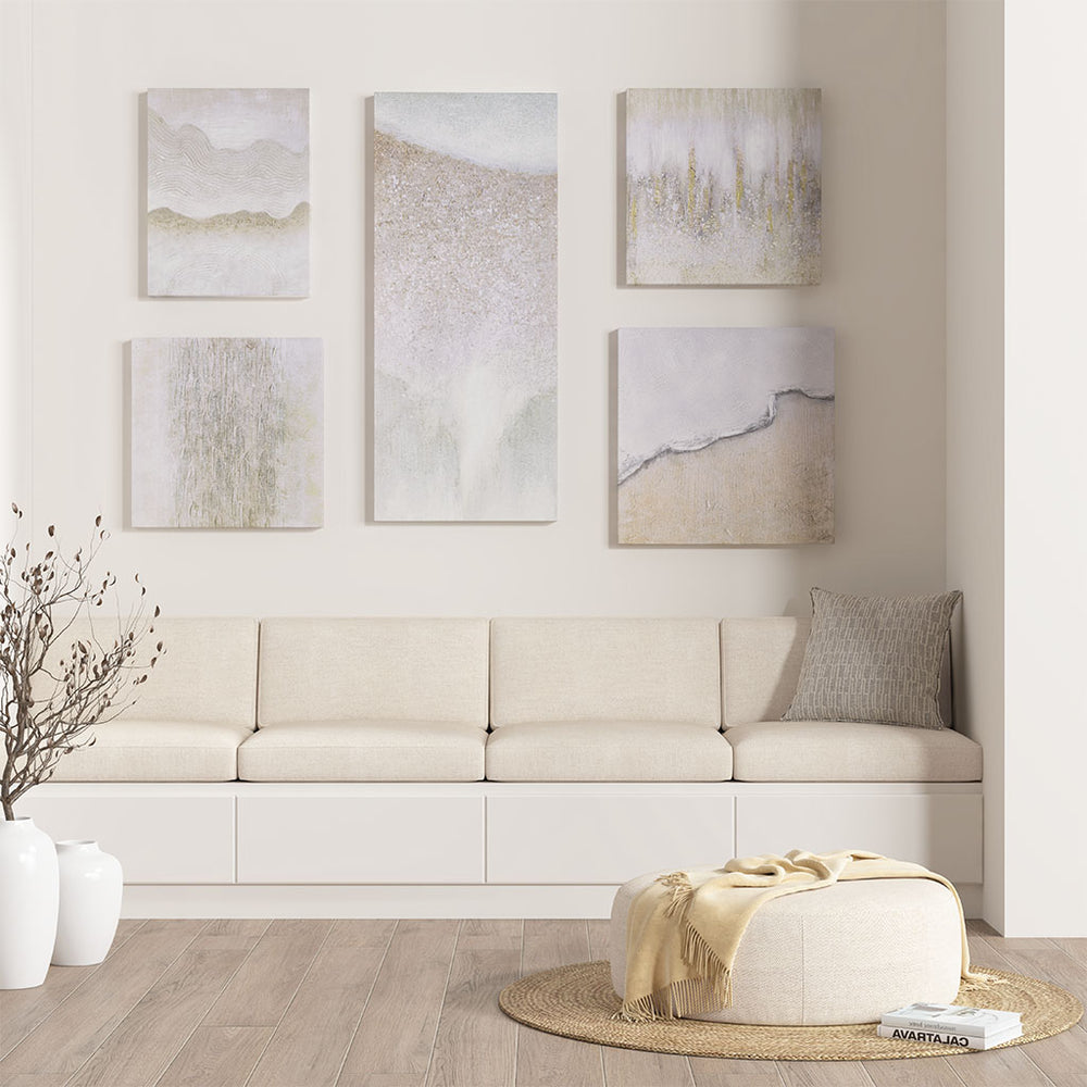 English Elm Hand Embellished Neutral Abstract 5-Piece Gallery Canvas Set with Glitz Texture, Easy Hang Decor B03598860