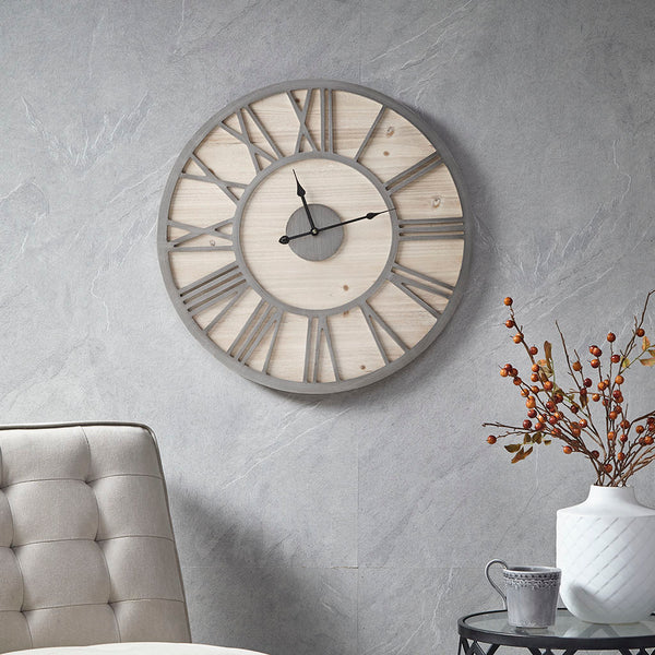 English Elm 23.6" Mason Wood Wall Clock - 23.6" Rustic Grey Metal Frame, Roman Numerals, Large Farmhouse Decor B03598870