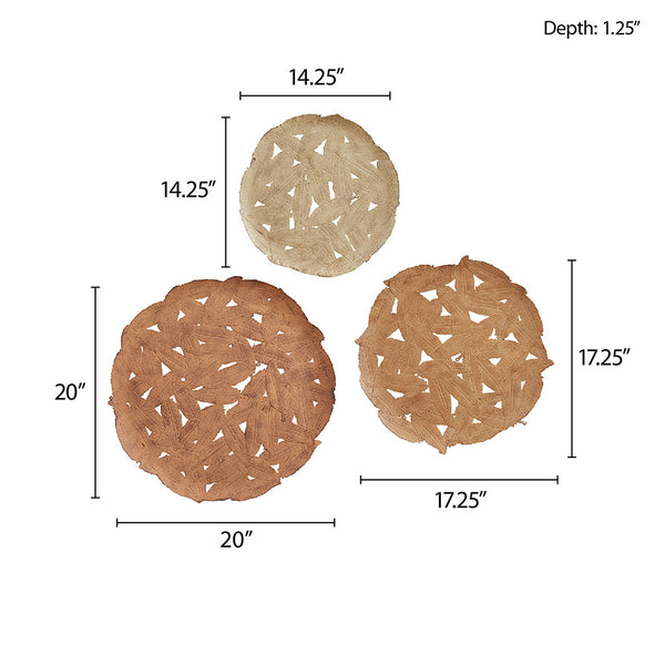 English Elm Textured Feather 3-Piece Metal Disc Wall Art Set — Neutral Spice & Rust Iron Finish, Feather Cutouts for Easy Hanging and Layered Decor B03598812