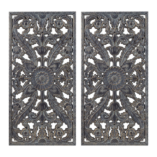 English Elm Distressed Carved Botanical Wall Panels Set – Textured MDF Relief Art with Antique Silver-Bronze Luster, Ready-to-Hang Antique Blue 33.46 L x 18.89 W x 4.72 H B03598797