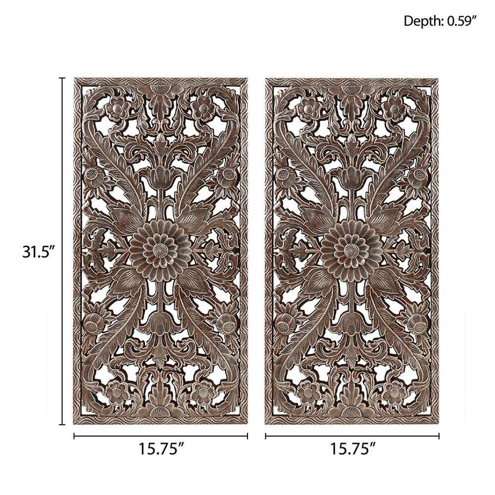 English Elm Distressed Carved Botanical Wall Panels Set – Textured MDF Relief Art with Antique Silver-Bronze Luster, Ready-to-Hang Bronze 33.46 L x 18.89 W x 4.72 H B03598796