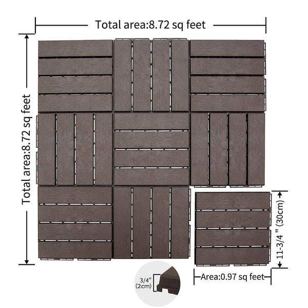 English Elm Patio Composite Interlocking Floor Tiles Four Slat Drainage Design for Balcony Deck Brown W1859P181806