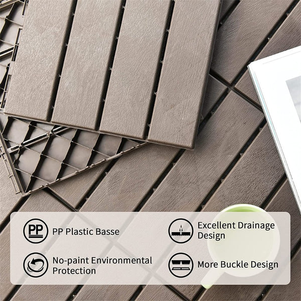 English Elm Patio Composite Interlocking Floor Tiles Four Slat Drainage Design for Balcony Deck Brown W1859P181806