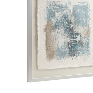 English Elm Hand Painted Ashlar Abstract Framed Glass & Matted Wall Art - Soft Blue Neutrals, Textured Rice Paper Linen, Silver Frame 25.5" B03598890