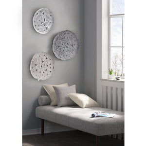 English Elm Textured Feather 3-Piece Metal Disc Wall Decor Set - Grey Silver Feathers, Rustic Modern Accent Art B03598805