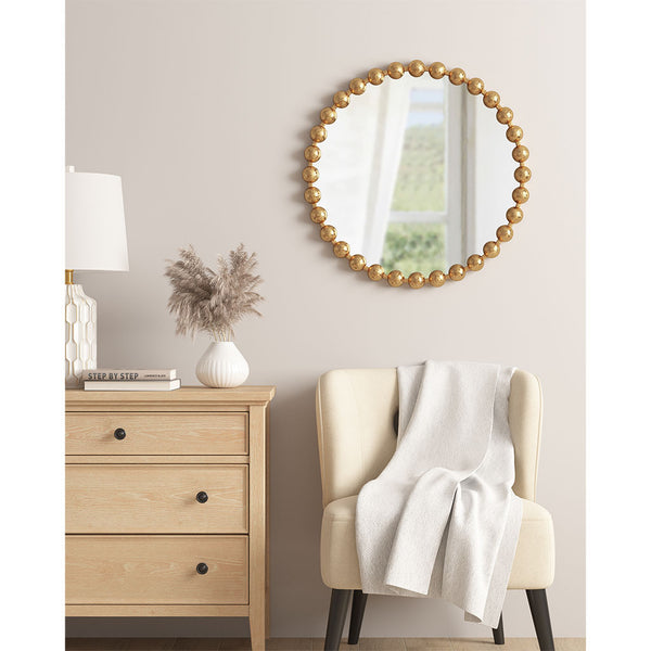 English Elm Beaded Round Wall Mirror 27" Diameter with Antique Metallic Gold Foil Finish, Beveled Glass Accent Gold 30.16 L x 4.13 W x 29.76 H B03599367