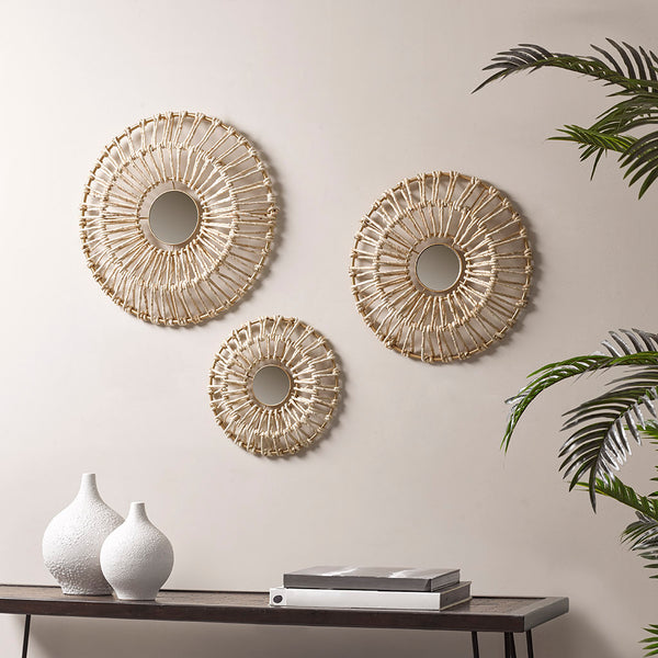 English Elm Round Natural Fiber and Mirror 3-Piece Wall Decor Set — Boho Corn Husk Mirrors, Iron Frames, Easy Hang B03598788