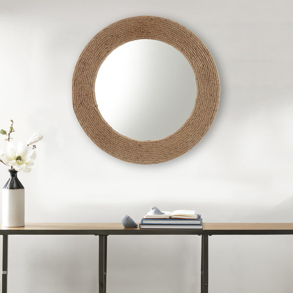 English Elm Natural Jute Rope Round Wall Mirror 26" – Madison Park Cove Coastal Textured Hanging Mirror, 18"glass B03598875