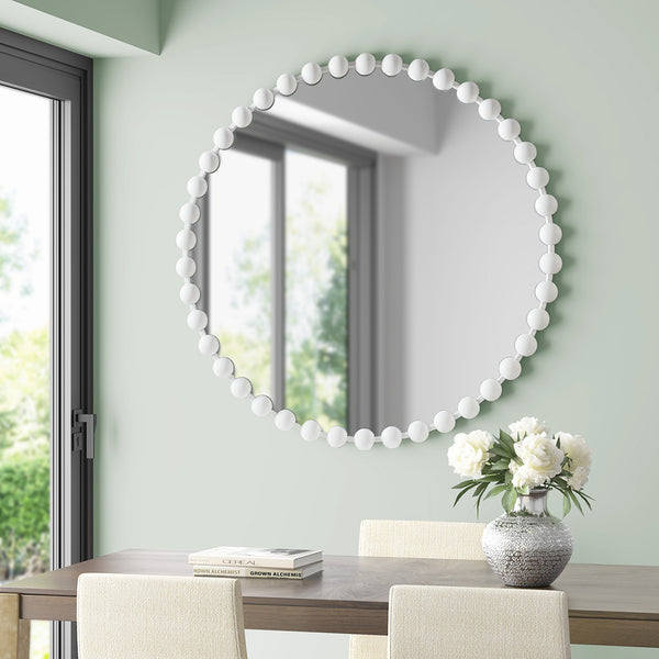 English Elm Beaded Marlowe 36" Round Wall Mirror Matte White Foil Iron Frame Glam Accent with Keyhole Hook B03599373