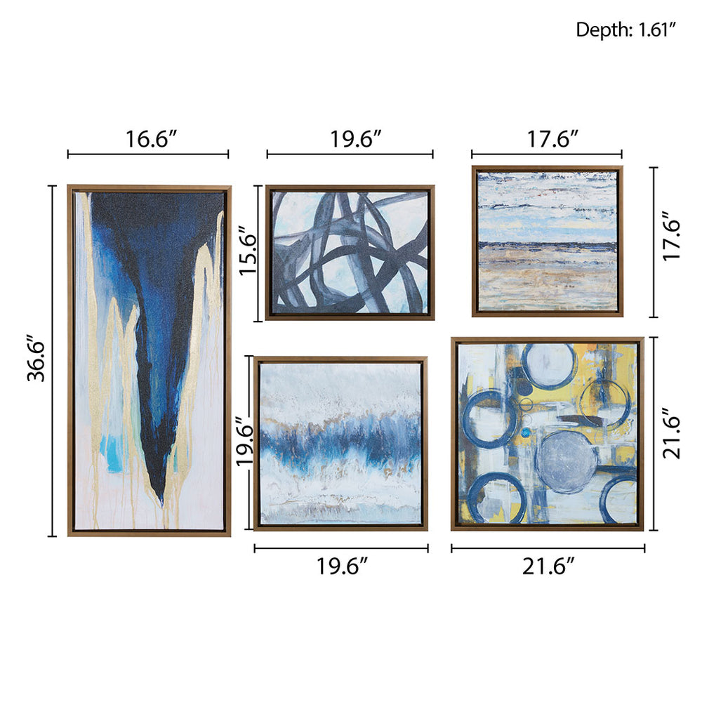 English Elm Abstract Blue Bliss 5-Piece Gallery Framed Canvas Wall Art Set by Blakely Bering - Modern Blue, Gray & Yellow Abstract Decor, Bronze Frame, Multi-Arrangeable, Gallery-Ready B03598825