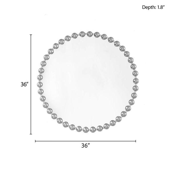 English Elm Beaded Marlowe Round Wall Mirror 36" – Antique Metallic Silver Beaded Iron Frame, Modern Glam Decor B03599275