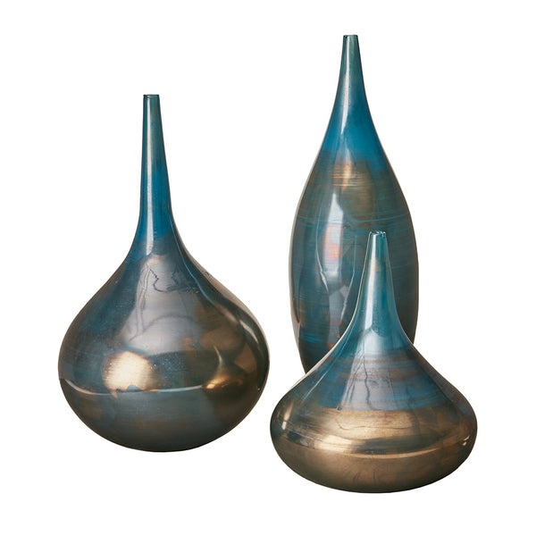 English Elm Blue Madison Park Signature Aurora Blue and Bronze Decorative Glass Vases 3-Piece Set with Metallic Sheen and Unique Glaze B03599276