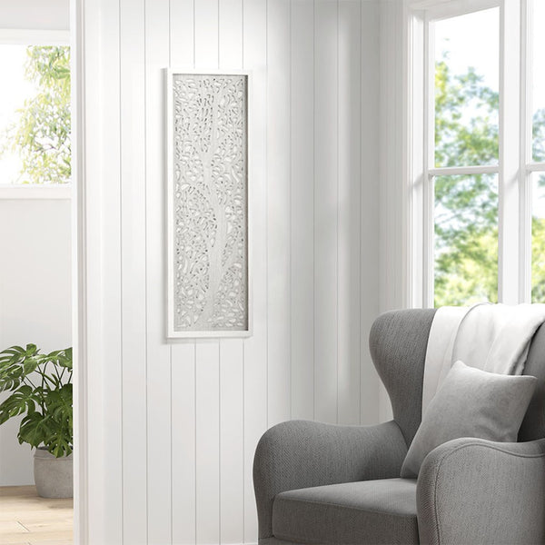 English Elm Laser Cut Tree Framed Panel Wall Decor by Madison Park – Laurel Branches Botanical Art with Whitewashed Fir Frame, 12x36" Grey 38.98 L x 1.97 W x 15.35 H B03598802