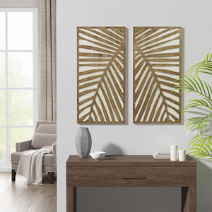 English Elm Two-tone Madison Park Birch Palms 2-Piece Carved Wood Panel Wall Art Set, Coastal Botanical Décor, 16x32 each B03598806