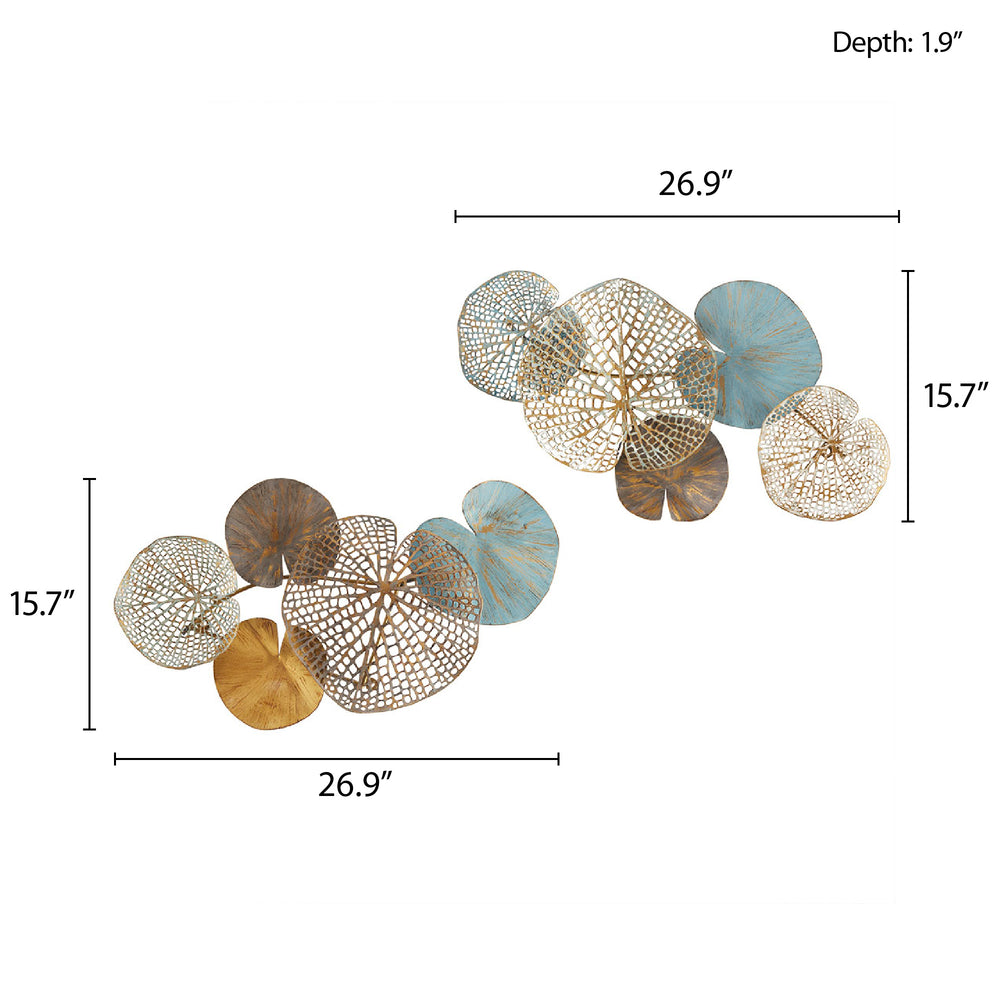 English Elm Multi-colored Lily Pad Leaves 2-Piece Metal Wall Decor Set - Coastal Abstract Texture, Bold Colors, Easy Hang B03597682