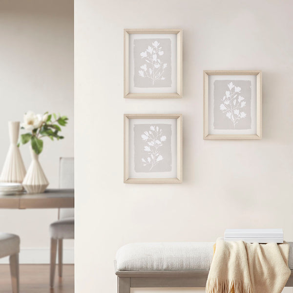 English Elm 3-piece Framed Glass Wall Art Set Madison Park Fair Florets Botanical White Flower Prints, Natural Wood Frame, 12x14 Each, Gallery-Style Decor B03598886