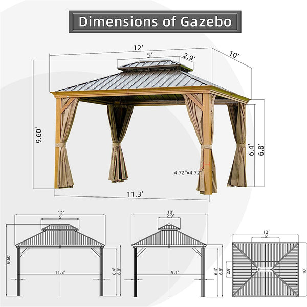 English Elm 10'X12' Stylish Hardtop Gazebo With Wooden-Look Frame, Double-Roof Design & Insect Protection For Patios W1859S00005