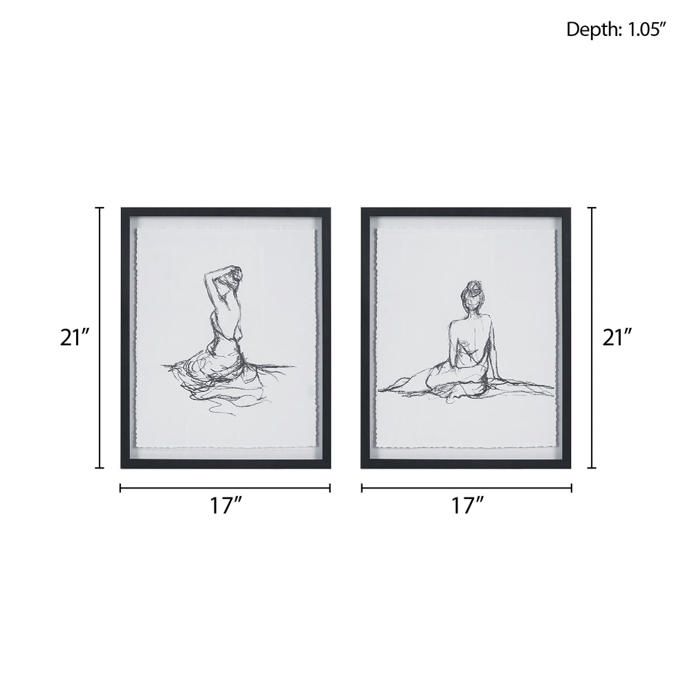 English Elm Sketch Feminine Figures 2-Piece Framed Glass & Matted Wall Art Set by Elise Green — Elegant 17x21" décor with bold black frames for modern sophistication B03598880