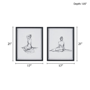 English Elm Sketch Feminine Figures 2-Piece Framed Glass & Matted Wall Art Set by Elise Green — Elegant 17x21" décor with bold black frames for modern sophistication B03598880