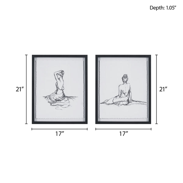English Elm Sketch Feminine Figures 2-Piece Framed Glass & Matted Wall Art Set by Elise Green — Elegant 17x21" décor with bold black frames for modern sophistication B03598880