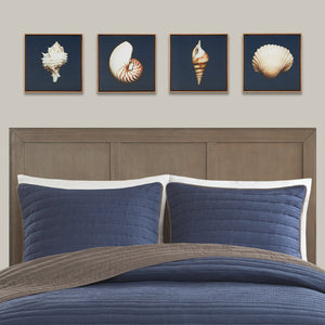 English Elm 4-piece Madison Park Ocean Seashells Framed Canvas Wall Art Set – 4x12" Coastal Navy Shell Prints, Wood Tone Frames B03598823