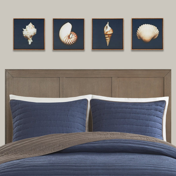 English Elm 4-piece Madison Park Ocean Seashells Framed Canvas Wall Art Set – 4x12" Coastal Navy Shell Prints, Wood Tone Frames B03598823