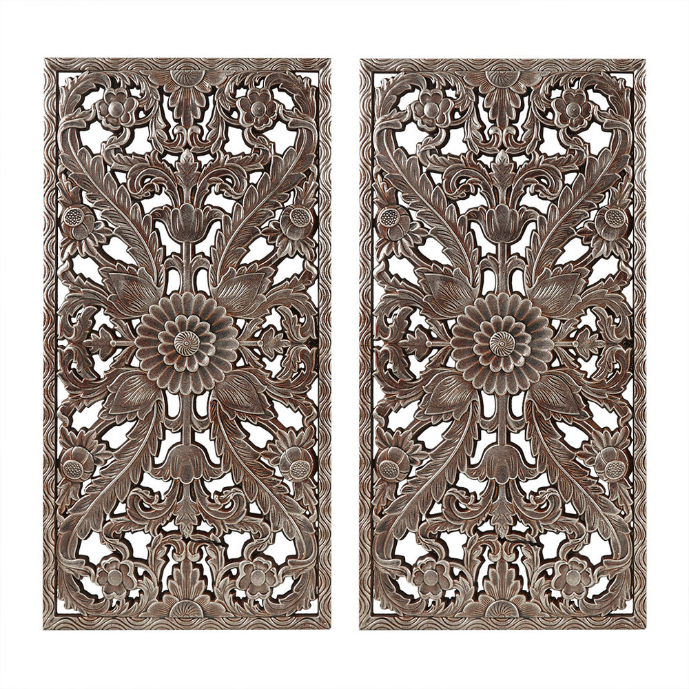 English Elm Distressed Carved Botanical Wall Panels Set – Textured MDF Relief Art with Antique Silver-Bronze Luster, Ready-to-Hang Bronze 33.46 L x 18.89 W x 4.72 H B03598796