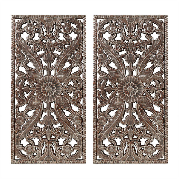 English Elm Distressed Carved Botanical Wall Panels Set – Textured MDF Relief Art with Antique Silver-Bronze Luster, Ready-to-Hang Bronze 33.46 L x 18.89 W x 4.72 H B03598796