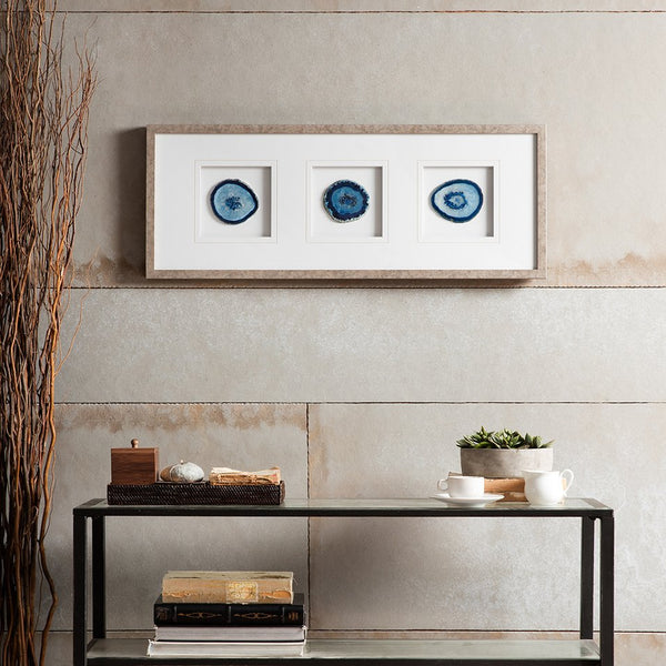 English Elm Real Stone Blue Agate Trio Wall Art by Artist Studio 5 — 34"x13" Gallery Glass Frame, 100% Agate Stones, Versatile Vertical/Horizontal Display B03598879