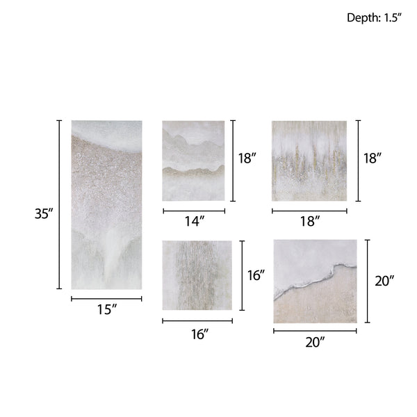 English Elm Hand Embellished Neutral Abstract 5-Piece Gallery Canvas Set with Glitz Texture, Easy Hang Decor B03598860