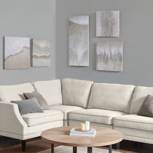 English Elm Hand Embellished Neutral Abstract 5-Piece Gallery Canvas Set with Glitz Texture, Easy Hang Decor B03598860