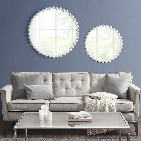 English Elm Beaded Marlowe 27" Round Wall Mirror with Matte White Iron Beaded Frame, Glam Accent for Entryway B03599372