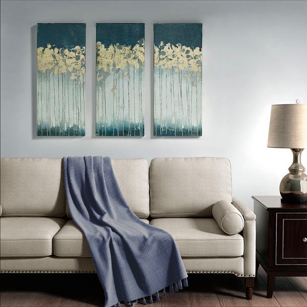 English Elm Gold Gold Foil Abstract 3-Piece Canvas Wall Art Set – Dewy Forest Teal & Blue with Metallic Glam Finish B03598816