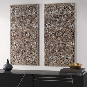English Elm Distressed Carved Botanical Wall Panels Set – Textured MDF Relief Art with Antique Silver-Bronze Luster, Ready-to-Hang Bronze 33.46 L x 18.89 W x 4.72 H B03598796