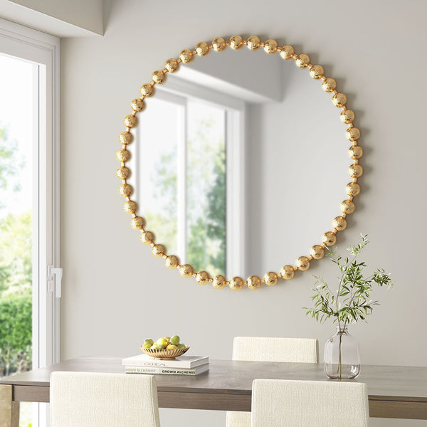 English Elm Beaded Marlowe 36" Round Wall Mirror with Antique Gold Beaded Iron Frame, Modern Glam Accent Decor B03599273