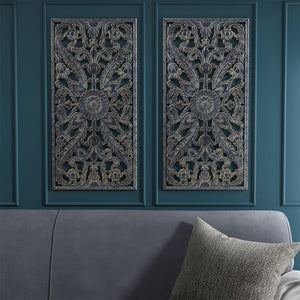 English Elm Distressed Carved Botanical Wall Panels Set – Textured MDF Relief Art with Antique Silver-Bronze Luster, Ready-to-Hang Antique Blue 33.46 L x 18.89 W x 4.72 H B03598797