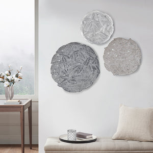 English Elm Textured Feather 3-Piece Metal Disc Wall Decor Set - Grey Silver Feathers, Rustic Modern Accent Art B03598805