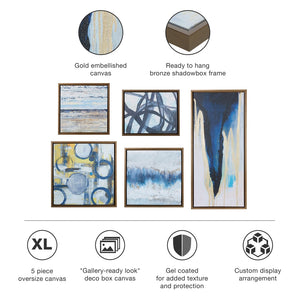 English Elm Abstract Blue Bliss 5-Piece Gallery Framed Canvas Wall Art Set by Blakely Bering - Modern Blue, Gray & Yellow Abstract Decor, Bronze Frame, Multi-Arrangeable, Gallery-Ready B03598825