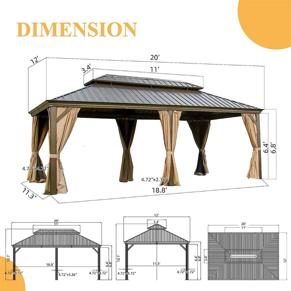 English Elm 12'X20' Hardtop Gazebo – Durable Aluminum Frame Canopy With Double Roof, Curtains & Netting For Patio W1859S00004