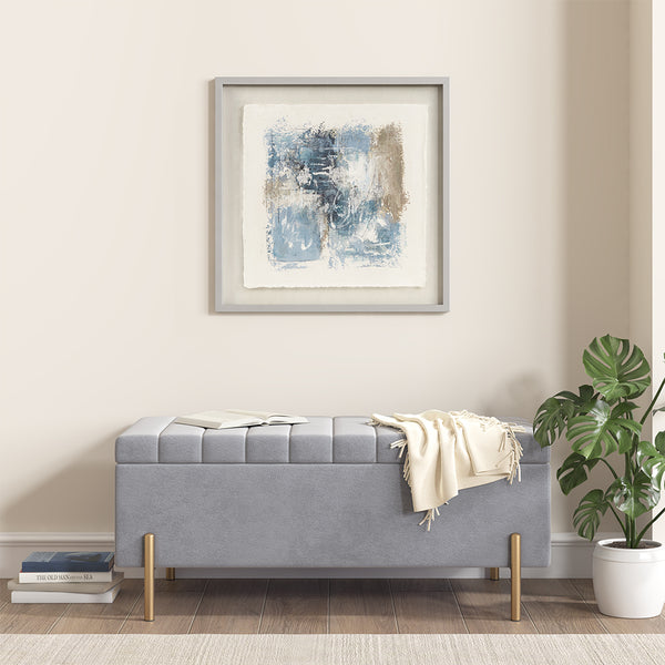English Elm Hand Painted Ashlar Abstract Framed Glass & Matted Wall Art - Soft Blue Neutrals, Textured Rice Paper Linen, Silver Frame 25.5" B03598890